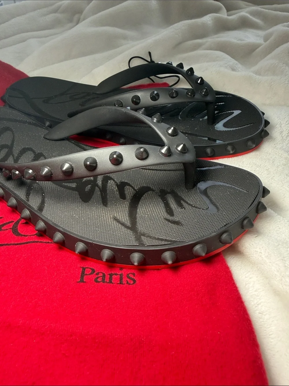 Christian Louboutin Black Studded Flip Flop Sandals